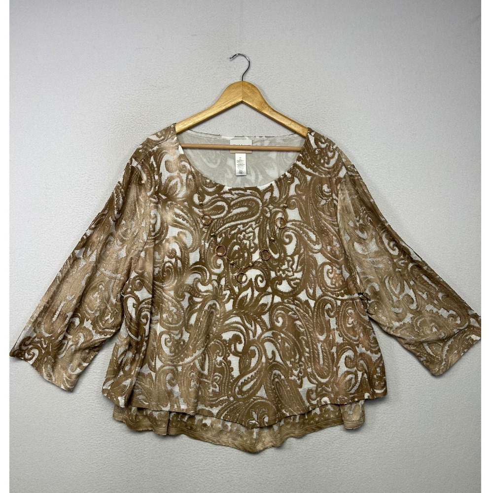 Boho Paisley Alfred Dunner Womens 3X Brown Textured 3/4 Sleeve Layered Blouse